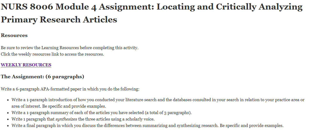 (FINAL ANSWER) NURS 8006 Module 4 Assignment: Locating and Critically Analyzing Primary Research Articles