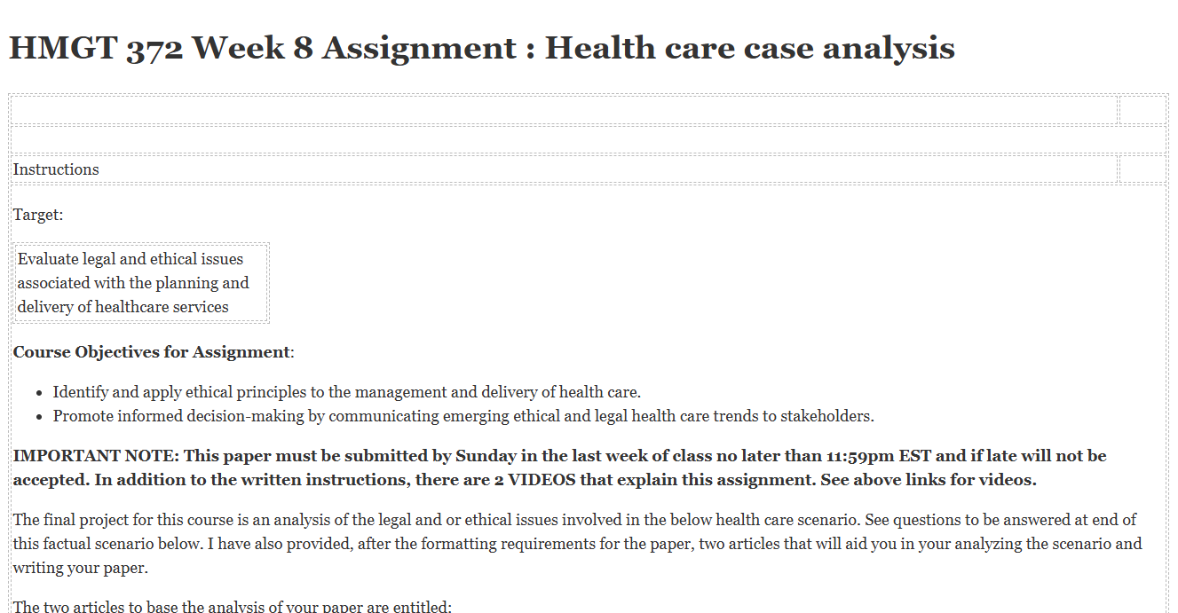 (FINAL ANSWER) HMGT 372 Week 8 Assignment : Health care case analysis