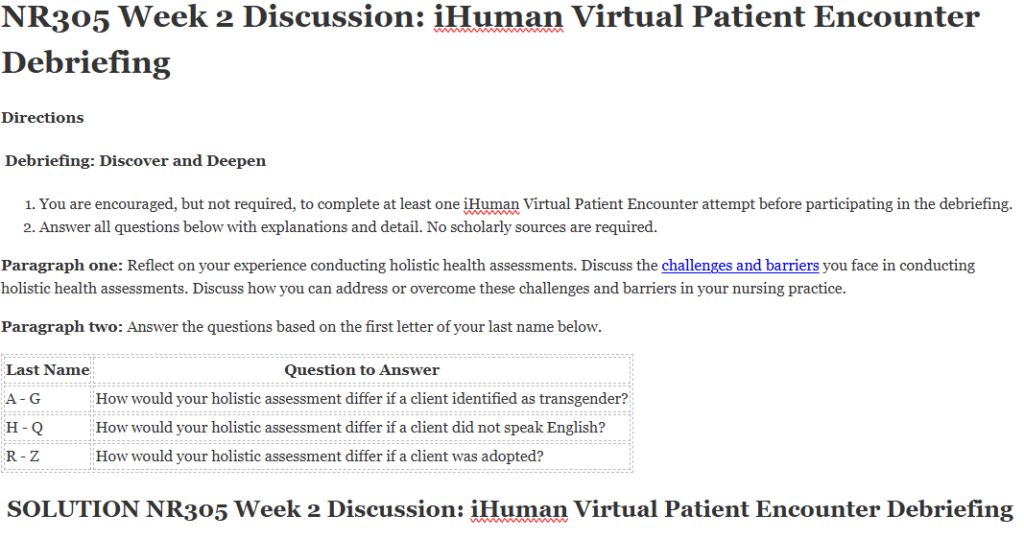 NR305 Week 2 Discussion: iHuman Virtual Patient Encounter Debriefing