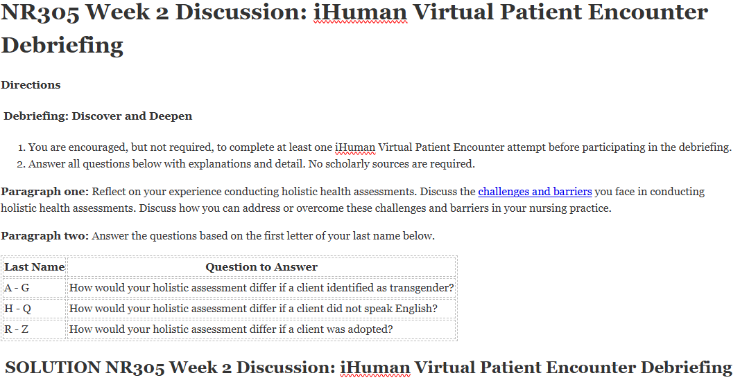 (FINAL ANSWER) NR305 Week 2 Discussion: iHuman Virtual Patient Encounter Debriefing