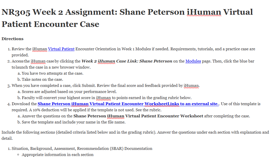 (FINAL ANSWER) NR305 Week 2: Shane Peterson iHuman Virtual Patient Encounter Case