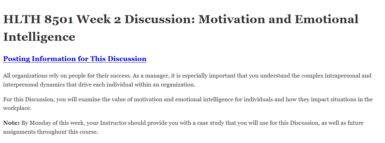 (FINAL ANSWER) HLTH 8501 Week 2 Discussion: Motivation and Emotional Intelligence