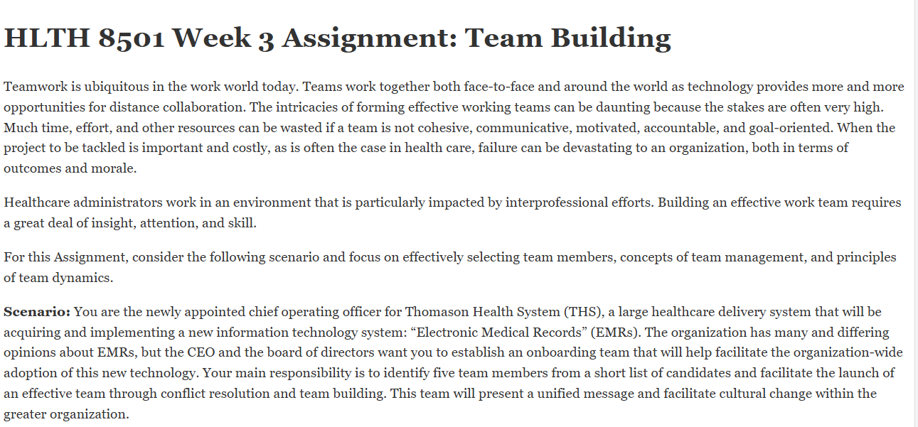 (FINAL ANSWER) HLTH 8501 Week 3 Assignment: Team Building