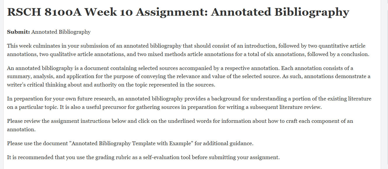 (FINAL ANSWER) RSCH 8100A Week 10 Assignment: Annotated Bibliography