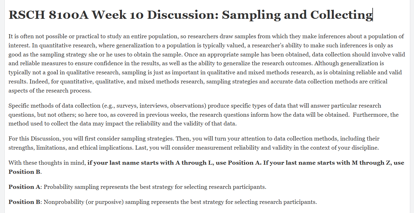 (FINAL ANSWER) RSCH 8100A Week 10 Discussion: Sampling and Collecting Quantitative and Qualitative Data