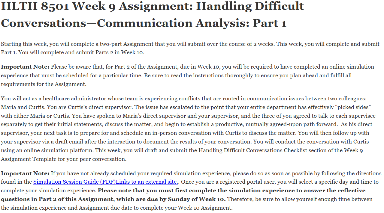 (FINAL ANSWER) HLTH 8501 Week 9 Assignment: Handling Difficult Conversations—Communication Analysis: Part 1