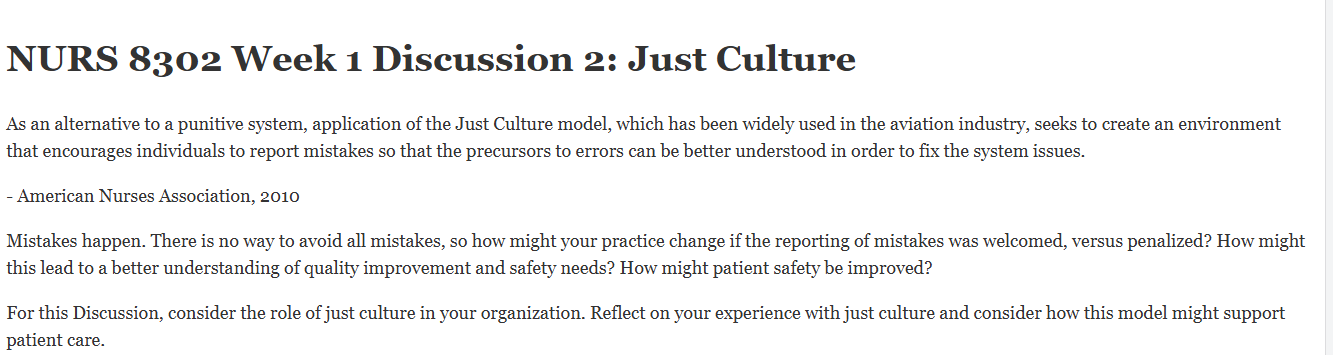 (FINAL ANSWER) NURS 8302 Week 1 Discussion 2: Just Culture