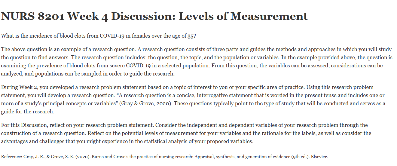 (FINAL ANSWER) NURS 8201 Week 4 Discussion: Levels of Measurement