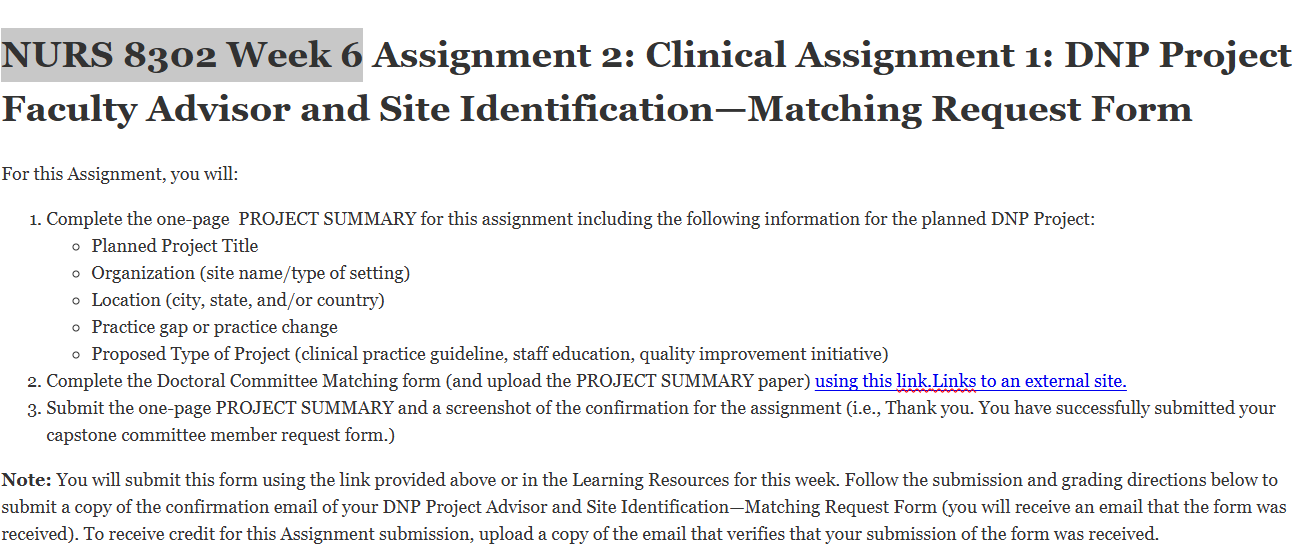(FINAL ANSWER) NURS 8302 Week 6 Assignment 2: Clinical Assignment 1: DNP Project Faculty Advisor and Site Identification—Matching Request Form