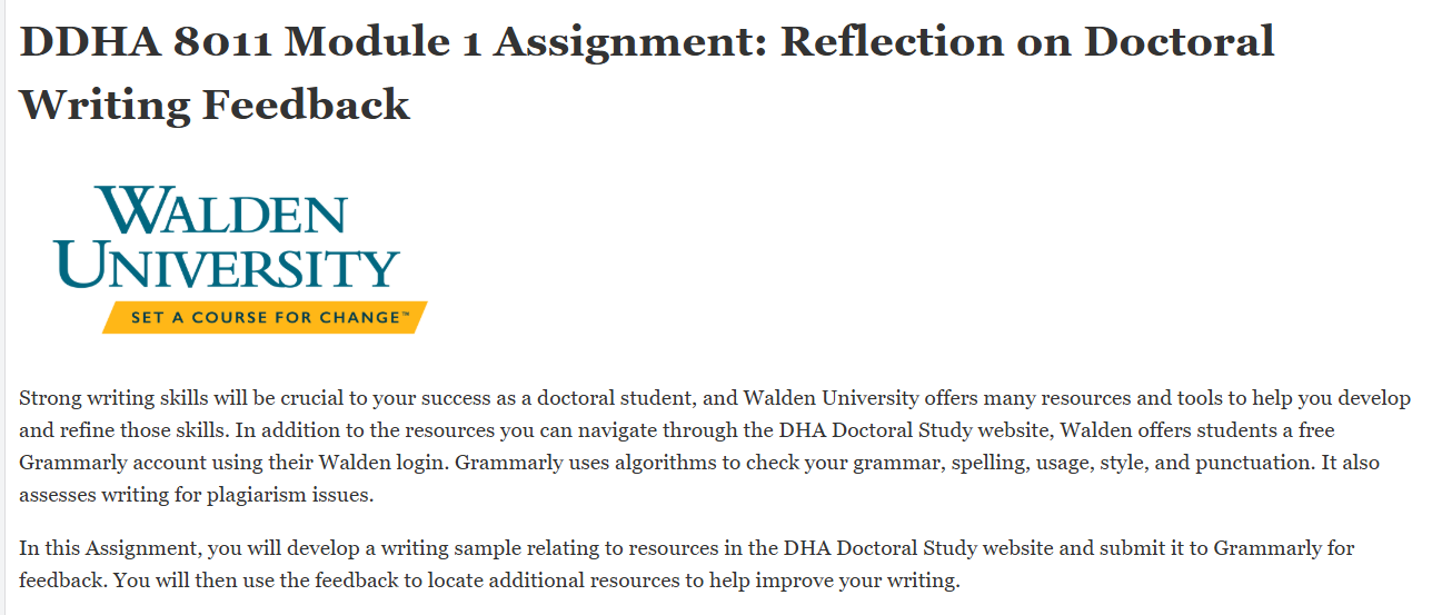 (FINAL ANSWER) DDHA 8011 Module 1 Assignment: Reflection on Doctoral Writing Feedback