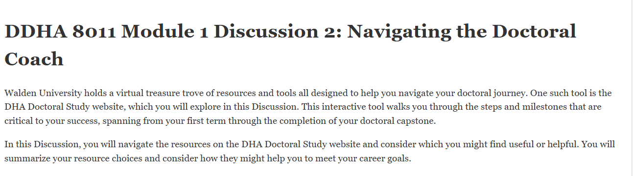 (FINAL ANSWER) DDHA 8011 Module 1 Discussion 2: Navigating the Doctoral Coach