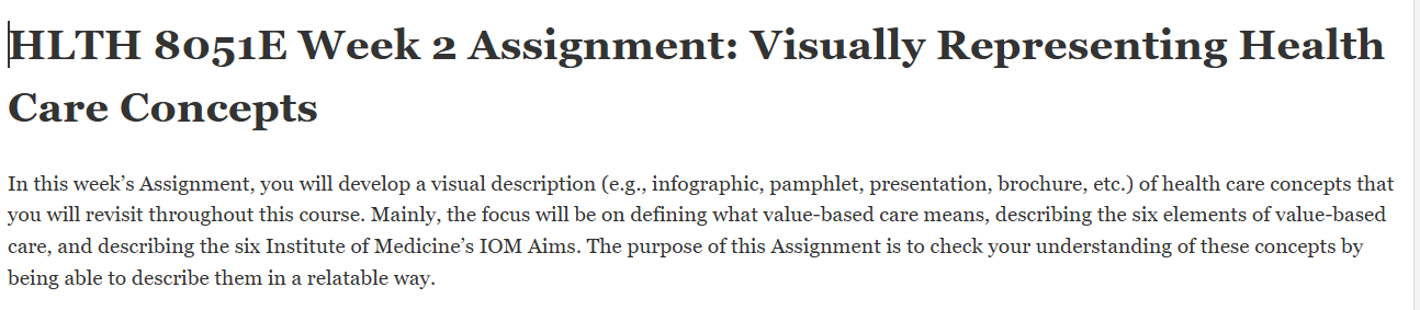 (FINAL ANSWER) HLTH 8051E Week 2 Assignment: Visually Representing Health Care Concepts