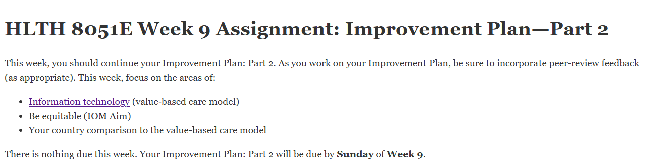 (FINAL ANSWER) HLTH 8051E Week 9 Assignment: Improvement Plan—Part 2