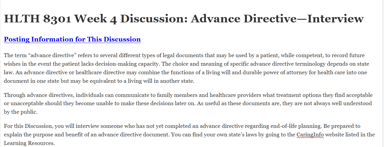 (FINAL ANSWER) HLTH 8301 Week 4 Discussion: Advance Directive—Interview