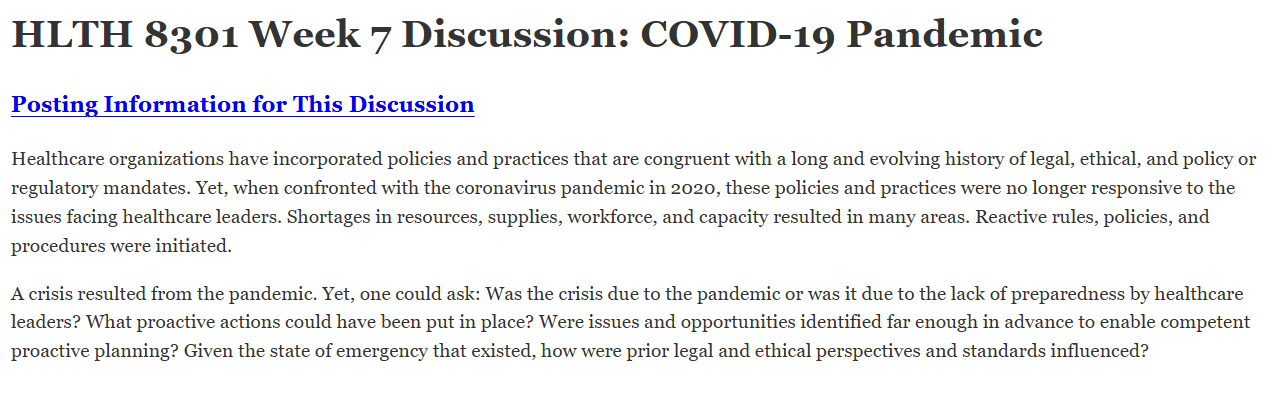 (FINAL ANSWER) HLTH 8301 Week 7 Discussion: COVID-19 Pandemic