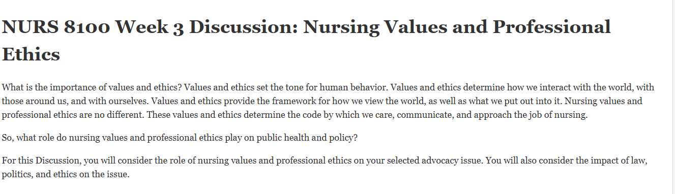(FINAL ANSWER) NURS 8100 Week 3 Discussion: Nursing Values and Professional Ethics
