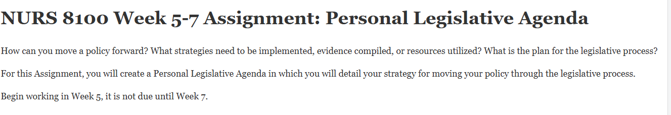 (FINAL ANSWER) NURS 8100 Week 5-7 Assignment: Personal Legislative Agenda