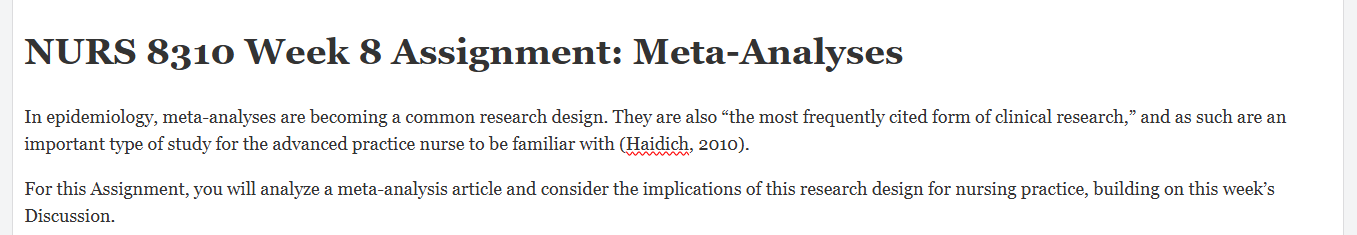 (FINAL ANSWER) NURS 8310 Week 8 Assignment: Meta-Analyses