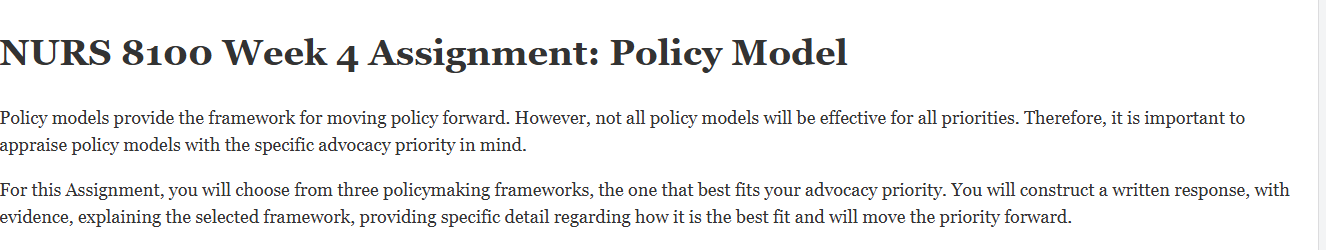 (FINAL ANSWER) NURS 8100 Week 4 Assignment: Policy Model