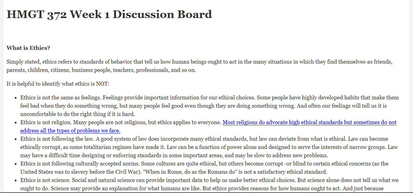 (FINAL ANSWER) HMGT 372 Week 1 Discussion Board
