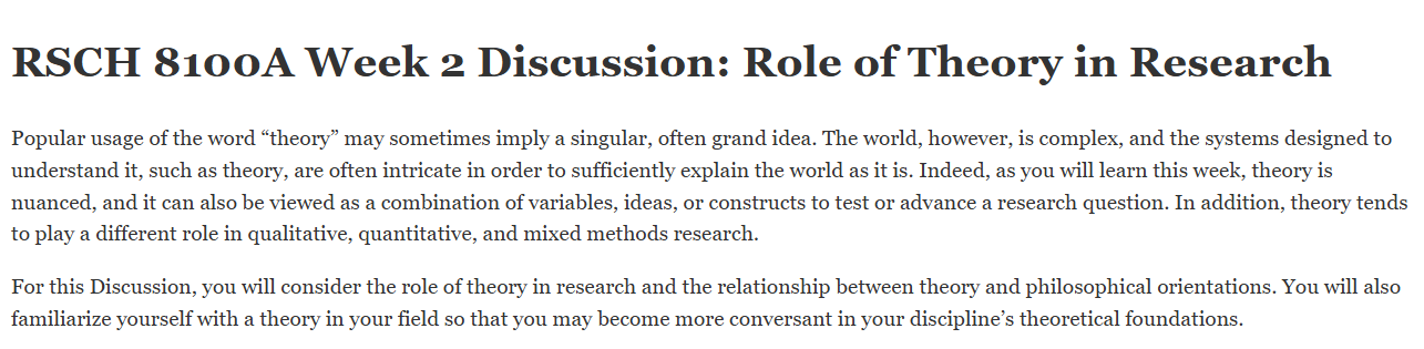(FINAL ANSWER) RSCH 8100A Week 2 Discussion: Role of Theory in Research