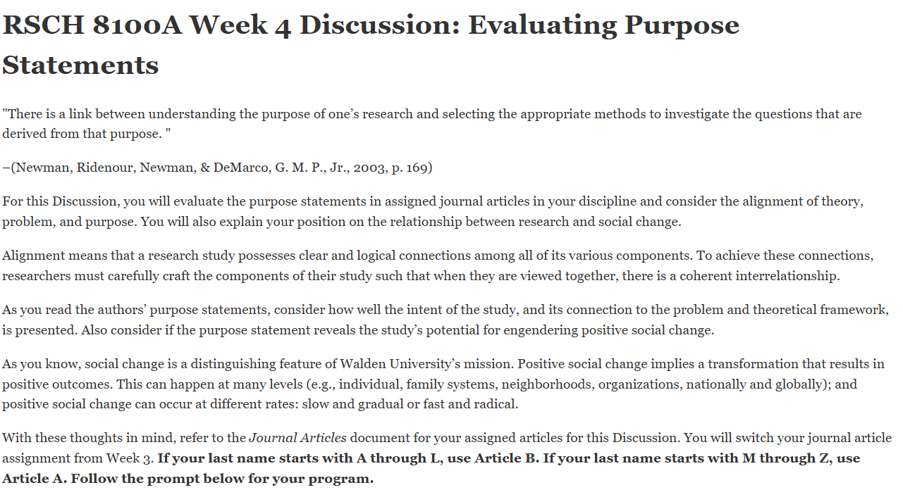 (FINAL ANSWER) RSCH 8100A Week 4 Discussion: Evaluating Purpose Statements