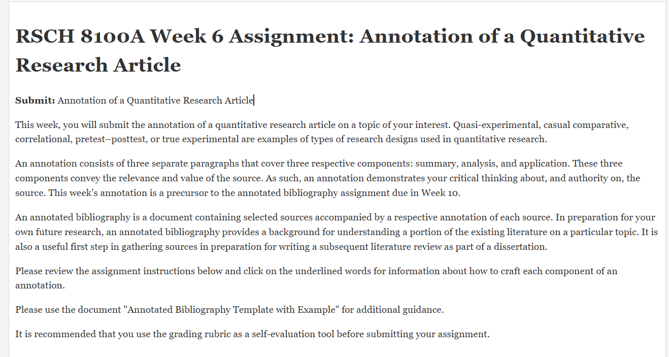 (FINAL ANSWER) RSCH 8100A Week 6 Assignment: Annotation of a Quantitative Research Article