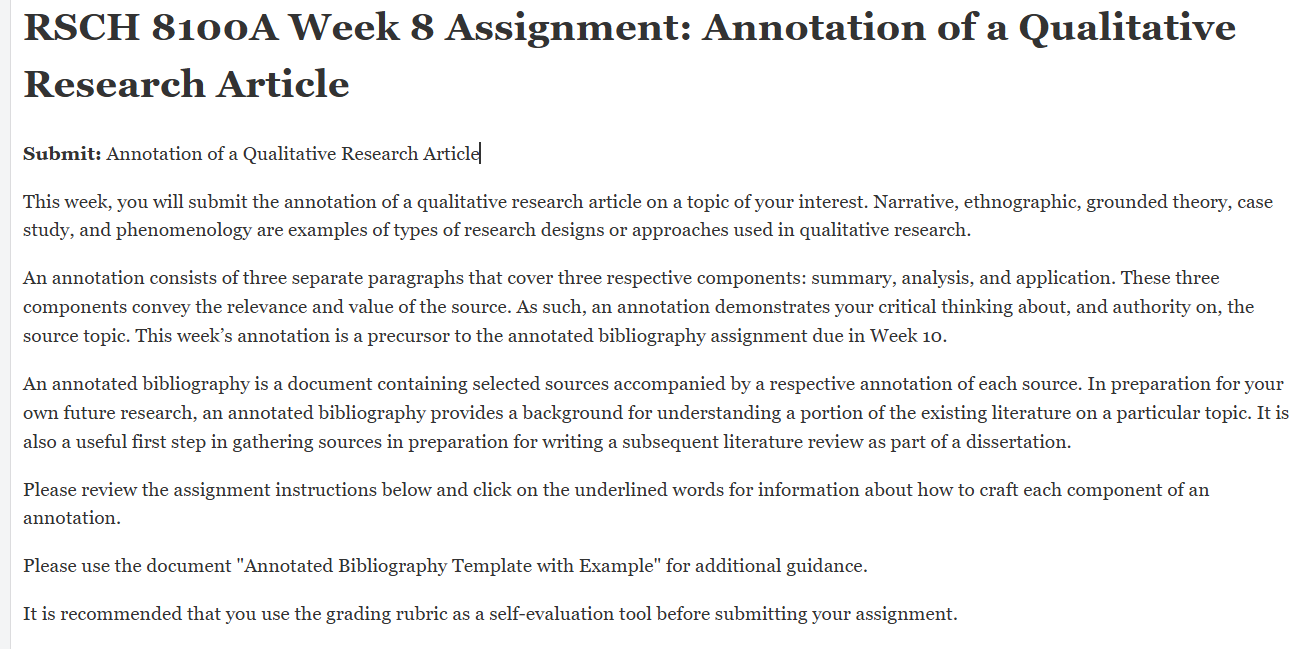 (FINAL ANSWER) RSCH 8100A Week 8 Assignment: Annotation of a Qualitative Research Article