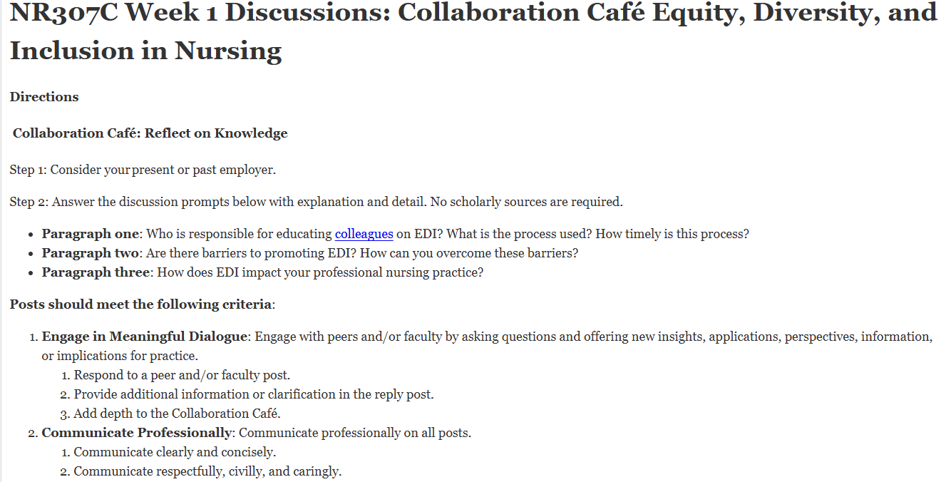 (FINAL ANSWER) NR307C Week 1 Discussions: Collaboration Café Equity, Diversity, and Inclusion in Nursing