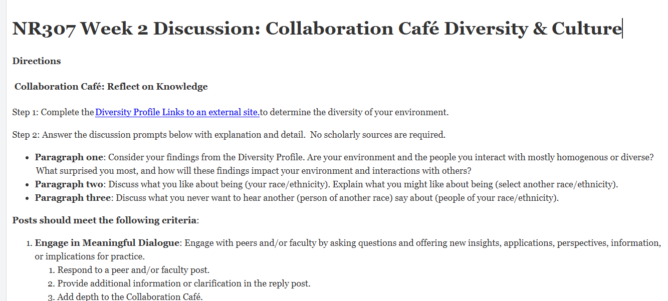 (FINAL ANSWER) NR307 Week 2 Discussion: Collaboration Café Diversity & Culture