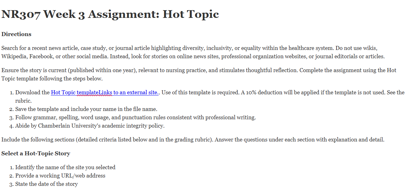 (FINAL ANSWER) NR307 Week 3 Assignment: Hot Topic