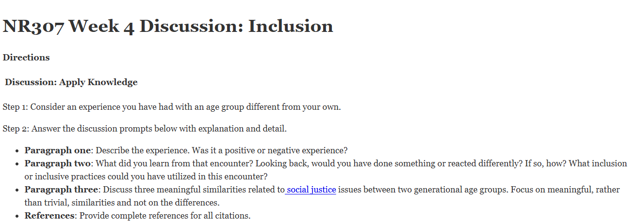 (FINAL ANSWER) NR307 Week 4 Discussion: Inclusion