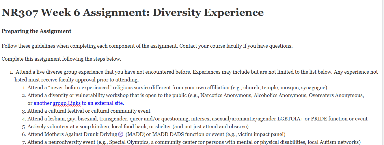 (FINAL ANSWER) NR307 Week 6 Assignment: Diversity Experience