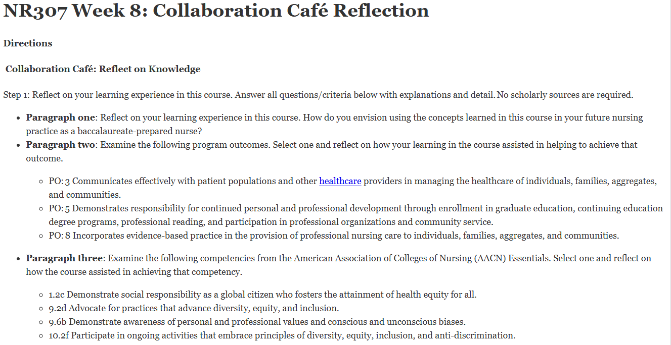 (FINAL ANSWER) NR307 Week 8: Collaboration Café Reflection