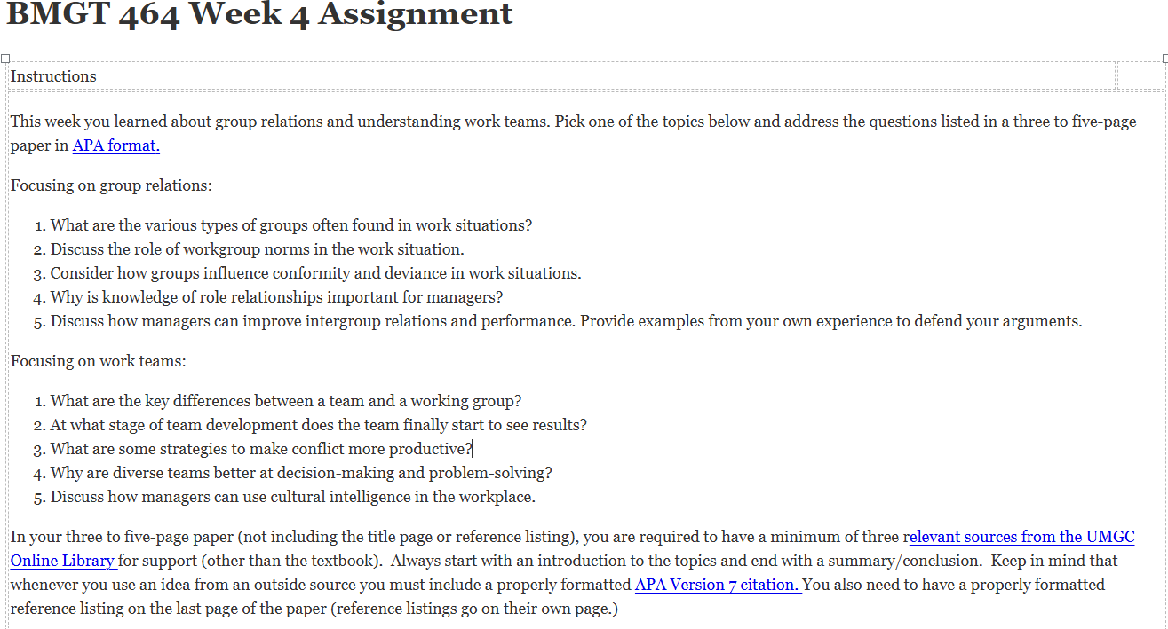 (FINAL ANSWER) BMGT 464 Week 4 Assignment