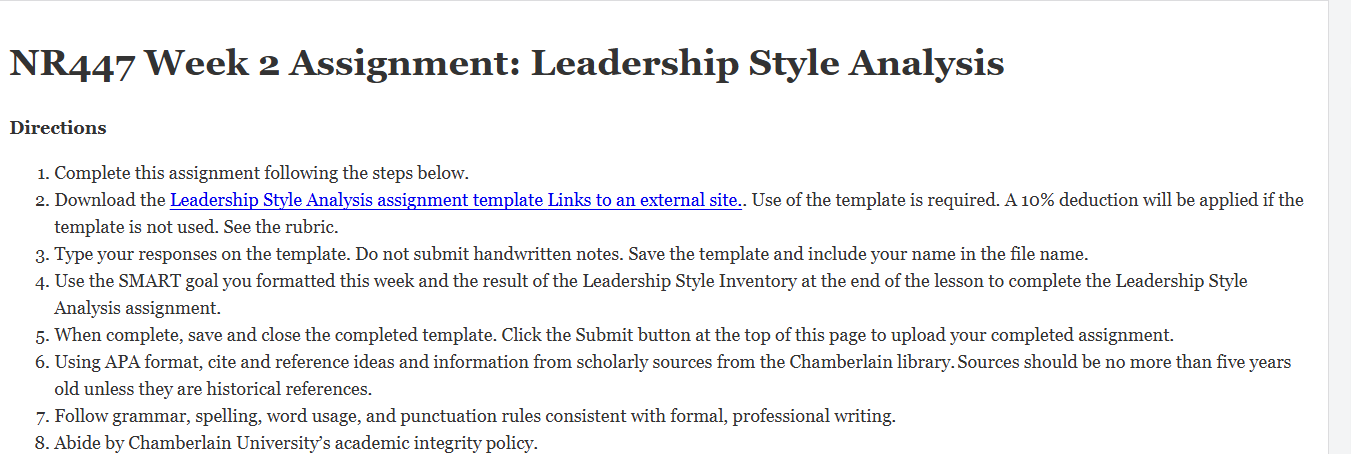 (FINAL ANSWER) NR447 Week 2 Assignment: Leadership Style Analysis