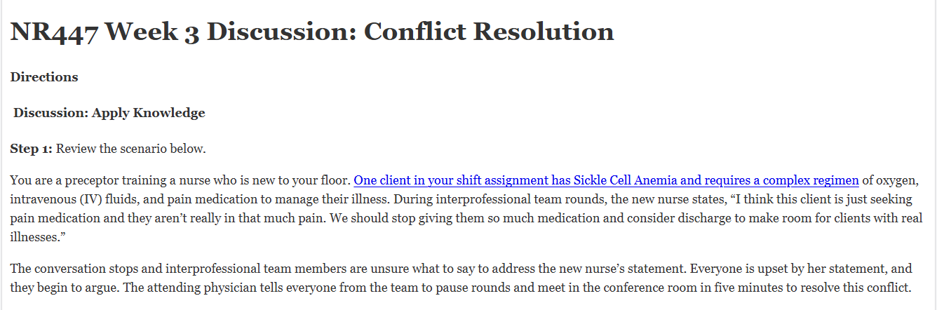 (FINAL ANSWER) NR447 Week 3 Discussion: Conflict Resolution