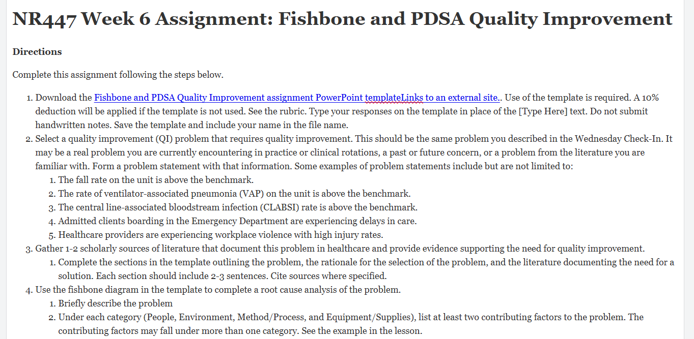 (FINAL ANSWER) NR447 Week 6 Assignment: Fishbone and PDSA Quality Improvement