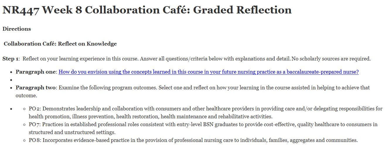 (FINAL ANSWER) NR447 Week 8 Collaboration Café: Graded Reflection