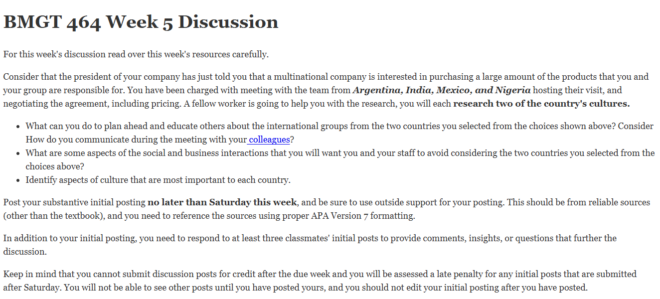 (FINAL ANSWER) BMGT 464 Week 5 Discussion