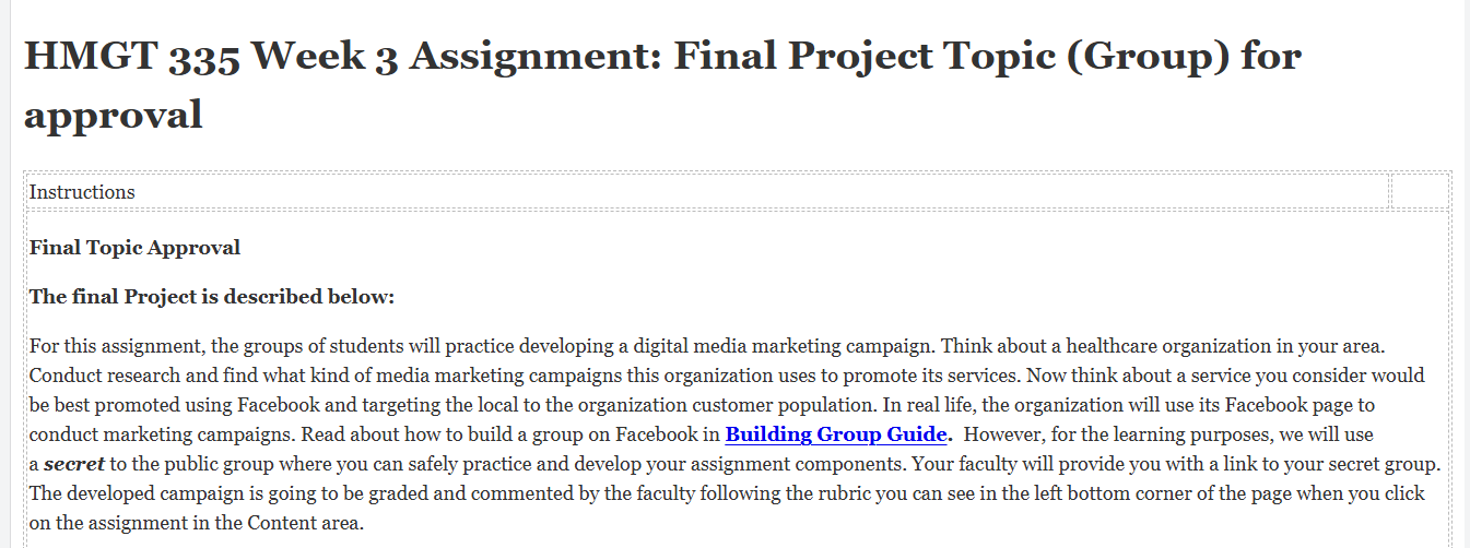 (FINAL ANSWER) HMGT 335 Week 3 Assignment:  Final Project Topic (Group) for approval