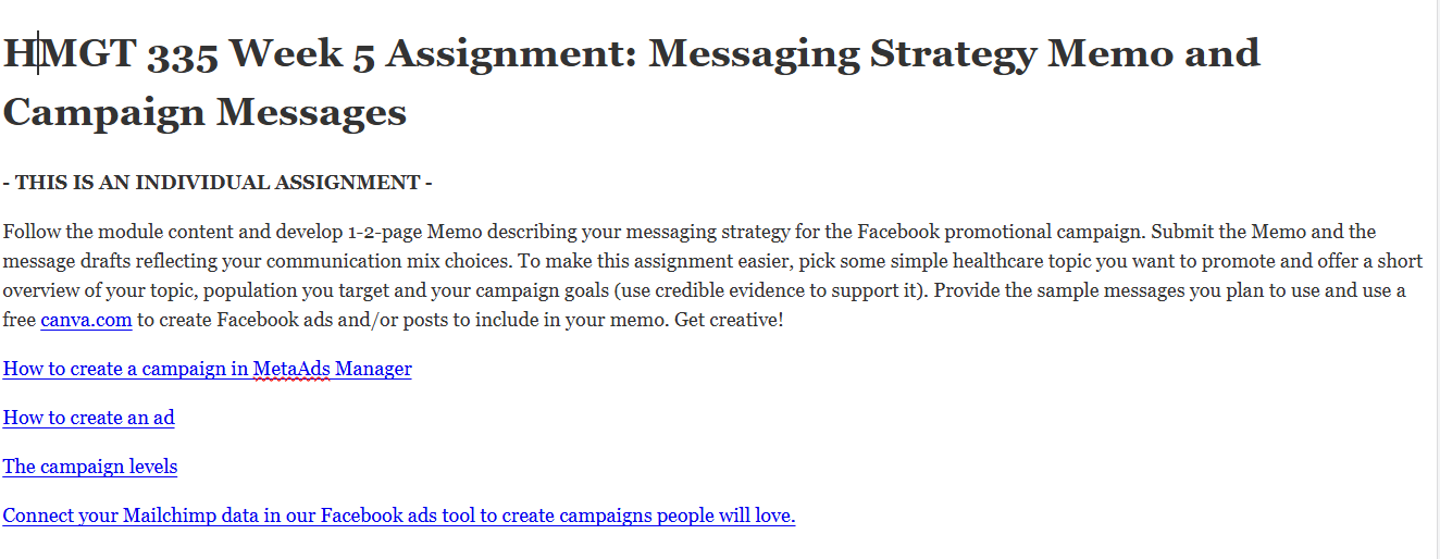 (FINAL ANSWER) HMGT 335 Week 5 Assignment:  Messaging Strategy Memo and Campaign Messages