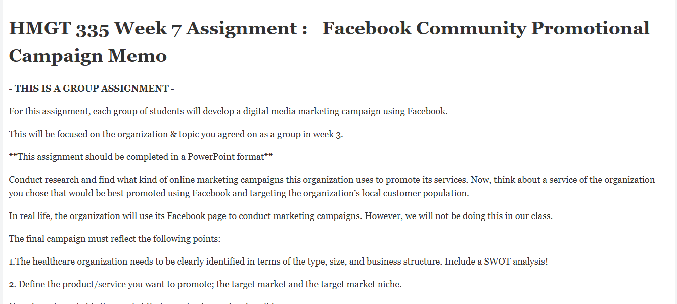 (FINAL ANSWER) HMGT 335 Week 7 Assignment : Facebook Community Promotional Campaign Memo