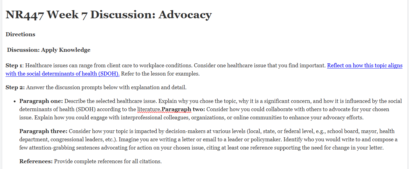 (FINAL ANSWER) NR447 Week 7 Discussion: Advocacy
