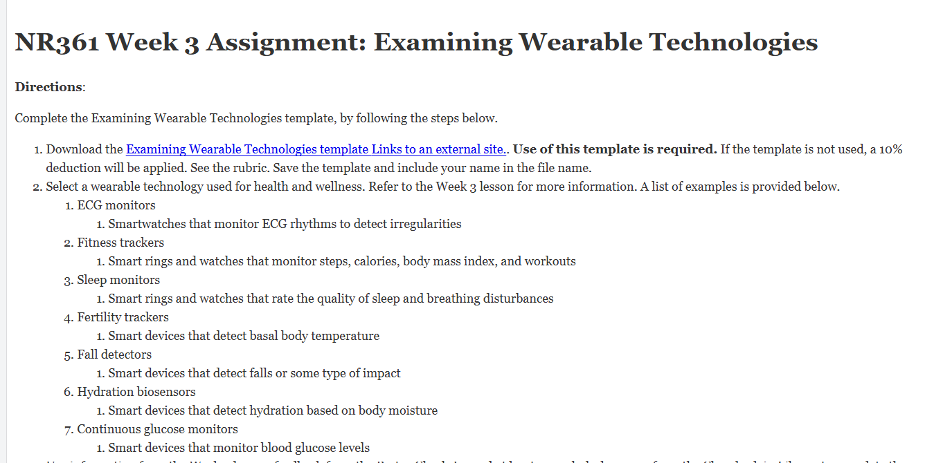 (FINAL ANSWER) NR361 Week 3 Assignment:  Examining Wearable Technologies