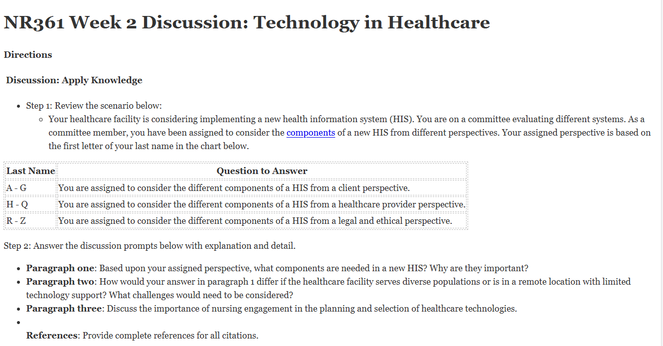 (FINAL ANSWER) NR361 Week 2 Discussion: Technology in Healthcare
