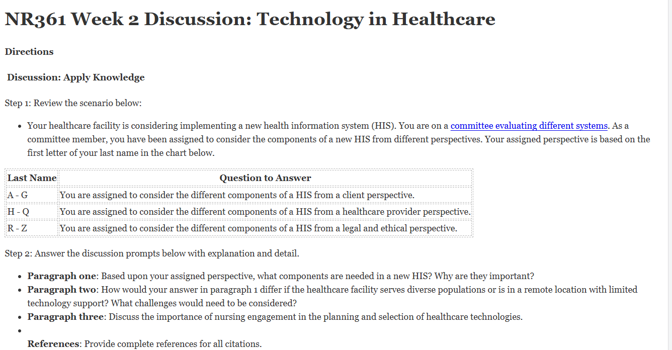 (FINAL ANSWER) NR361 Week 2 Discussion: Technology in Healthcare