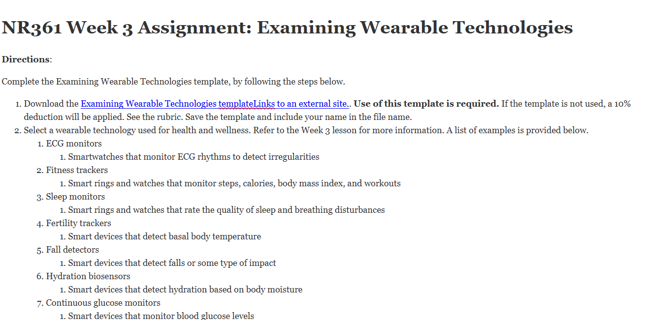 (FINAL ANSWER) NR361 Week 3 Assignment: Examining Wearable Technologies