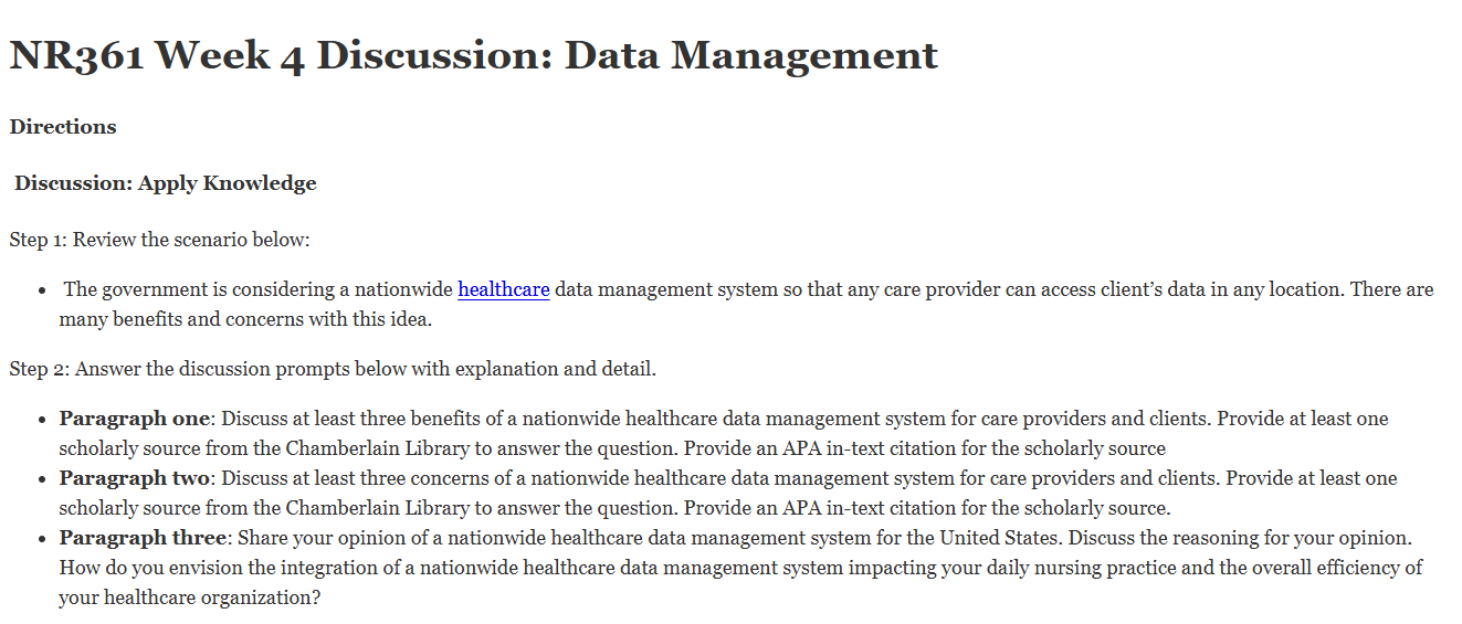 (FINAL ANSWER) NR361 Week 4 Discussion: Data Management
