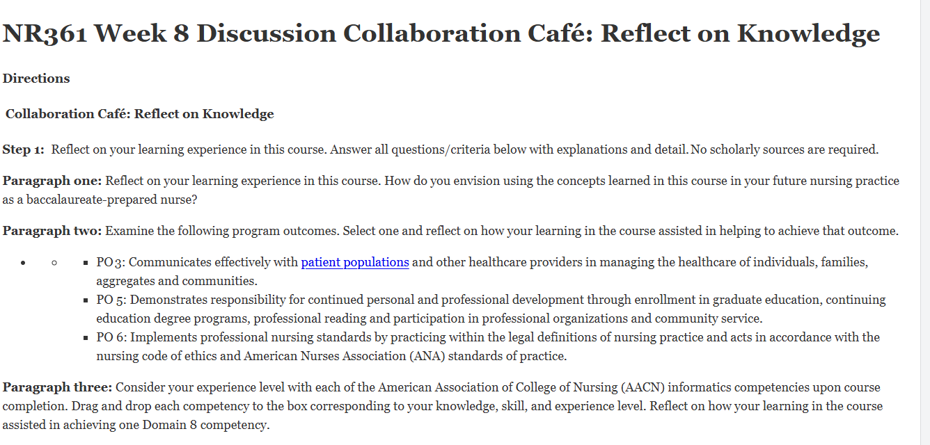 (FINAL ANSWER) NR361 Week 8 Discussion Collaboration Café: Reflect on Knowledge